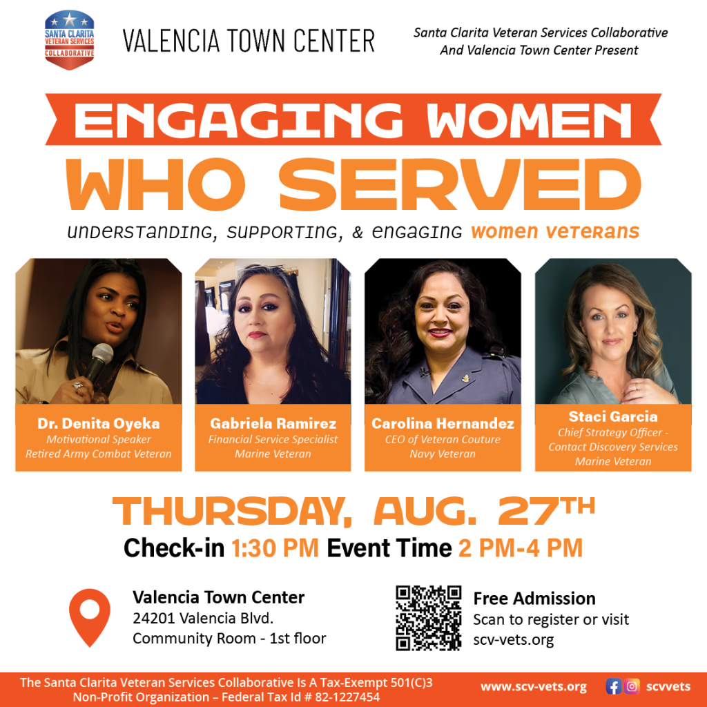 SCVSC - Women's Workshop - THURSDAY, AUG. 27TH - Check-in 1:30 PM - Event Time 2 PM-4 PM @ Valencia Town Center 24201 Valencia Blvd., Community Room - 1st Floor