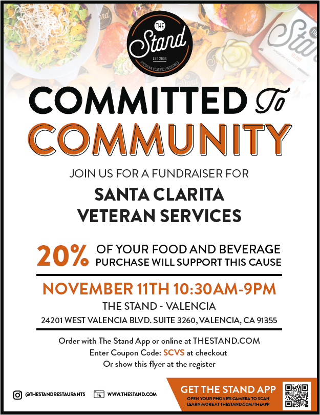 Join us at The Stand - at the Valencia mall - on Veterans Day Nov 11th 2026 for our next Fundraiser. 20% of Sales goes to SCVSC!